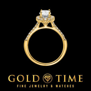 Front profile of the yellow gold oval halo ring showing the halo gallery
