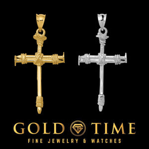 Yellow and white gold nail cross pendants side by side on a black Gold Time card