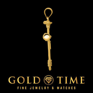 Side profile of the yellow gold nail cross showing its three dimensional nail shape