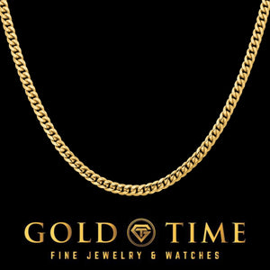 Yellow gold 3.5mm Miami Cuban chain necklace photographed on black with the Gold Time logo