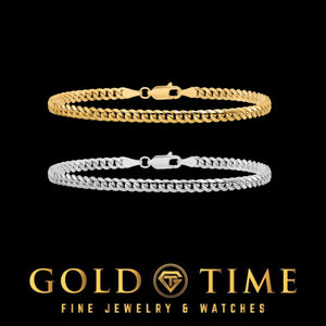 Yellow gold and white gold Miami Cuban bracelets side by side on a black background