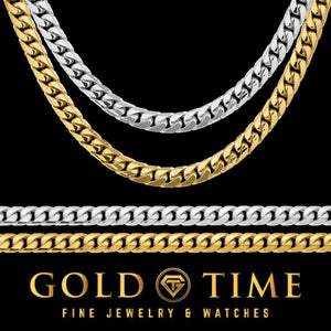 Yellow gold and white gold 5.5mm Miami Cuban chains and bracelets on a black background