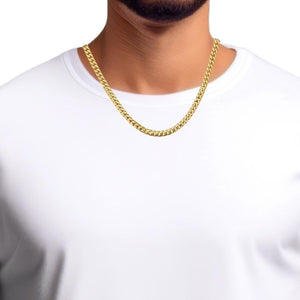 Man in a white T-shirt wearing a yellow gold 5.5mm Miami Cuban chain