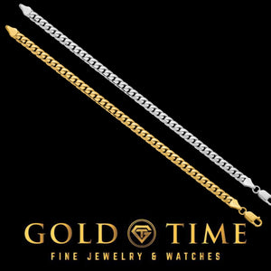 Yellow gold and white gold 5.5mm Miami Cuban chains laid out diagonally