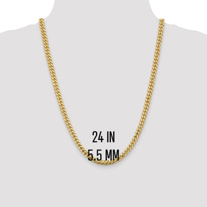 Yellow gold 5.5mm Miami Cuban chain at 24 inch length on a neck form