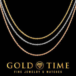 Solid gold 1.5mm diamond-cut rope chains in yellow, white, and rose gold