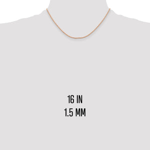 Rose gold 1.5mm rope chain shown at 16 inches on a neck form
