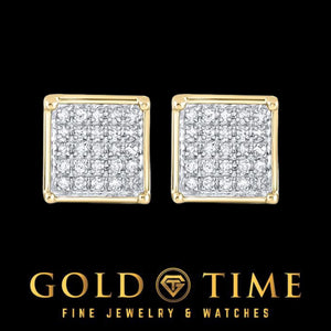 Front view of yellow gold square cluster studs showing the pave diamond faces