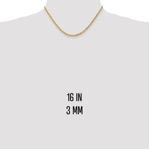16 inch 3mm gold rope chain shown on a neck form