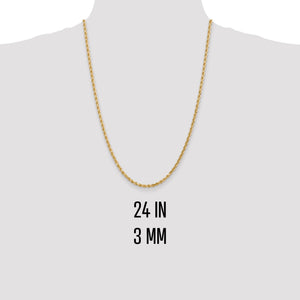 24 inch 3mm gold rope chain shown on a neck form