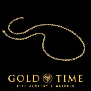 Yellow gold 3mm rope chain coiled on a black background