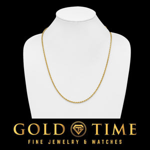 Yellow gold 3mm rope chain displayed on a white necklace bust