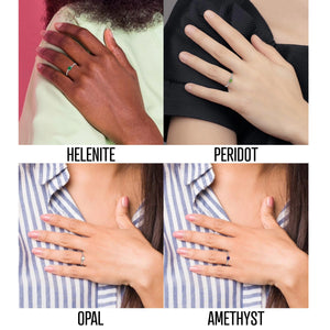 Four hand models wearing the gemstone ring in helenite, peridot, opal and amethyst