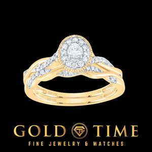 14k yellow gold oval halo diamond bridal set with twisted diamond engagement ring shank and matching curved wedding band