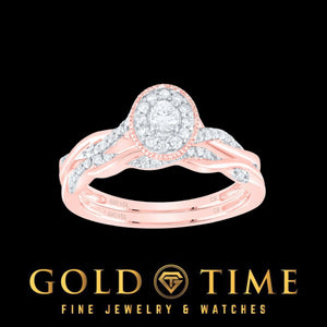 14k rose gold oval halo diamond bridal set with white gold halo setting and twisted diamond shank
