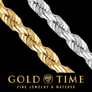 Close up of the twisted diamond cut strands on the yellow and white gold rope chains