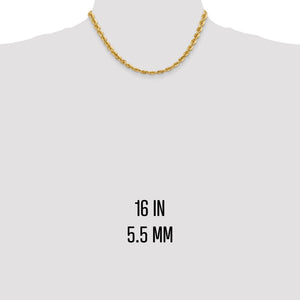 16 inch 5.5mm gold rope chain shown on a neck form