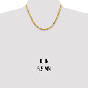 18 inch 5.5mm gold rope chain shown on a neck form