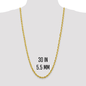 30 inch 5.5mm gold rope chain shown at full length on a neck form