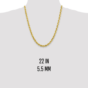 22 inch 5.5mm gold rope chain shown on a neck form