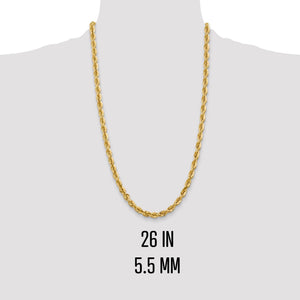 26 inch 5.5mm gold rope chain shown on a neck form