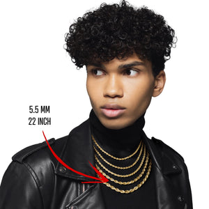 Man wearing a 22 inch 5.5mm gold rope chain with a leather jacket