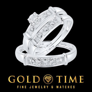 Sterling silver his and hers diamond trio wedding ring set