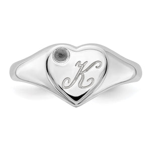 Front view of the white gold heart signet ring with an engraved script K and bezel set diamond