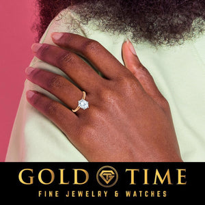 Woman's hand on her shoulder wearing the moissanite solitaire ring