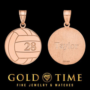 Rose gold volleyball pendant front and brushed back engraved with a name