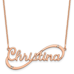 Rose gold infinity name necklace with the name Christina woven into an infinity loop