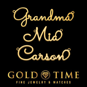 Three yellow gold whimsical cursive name plates reading Grandma, Mia and Carson