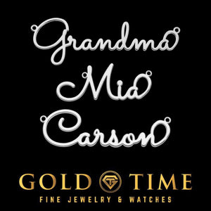 Three white gold whimsical cursive name plates reading Grandma, Mia and Carson