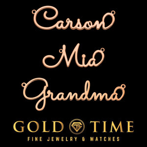 Three rose gold whimsical cursive name plates reading Carson, Mia and Grandma