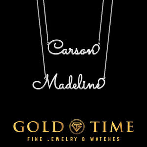 Two silver whimsical cursive name necklaces on chains reading Carson and Madeline