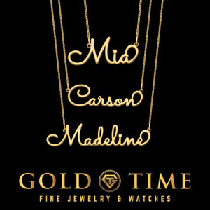 Three gold whimsical cursive name necklaces reading Mia, Carson and Madeline on a black Gold Time card