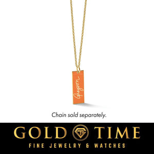 Orange enamel bar name charm on a gold chain, shown with a note that the chain is sold separately