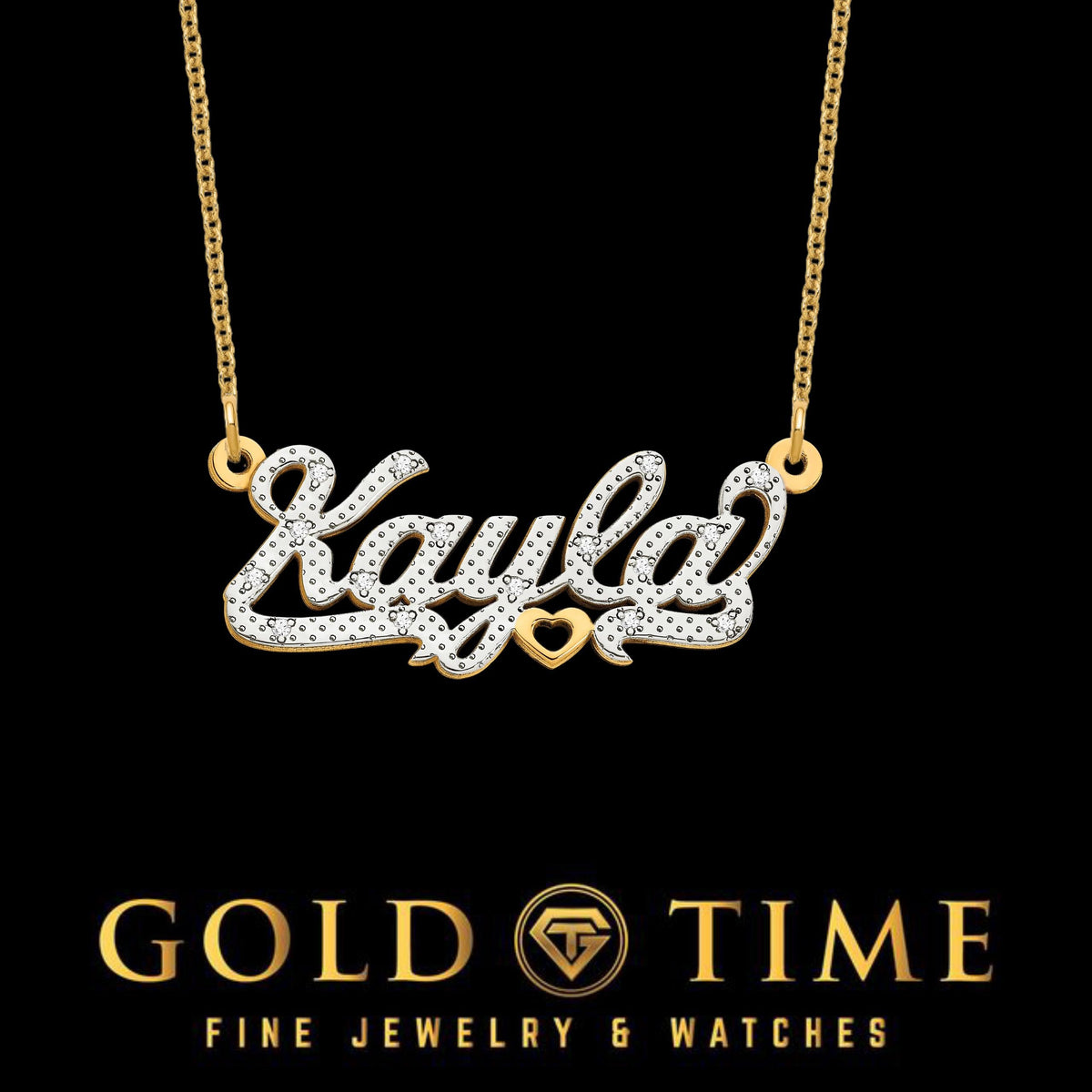 3D Gold & Diamond Name Necklace with Heart  Custom Two-Tone 10K or 14K Gold Script Nameplate  Personalized Fine Jewelry Gift