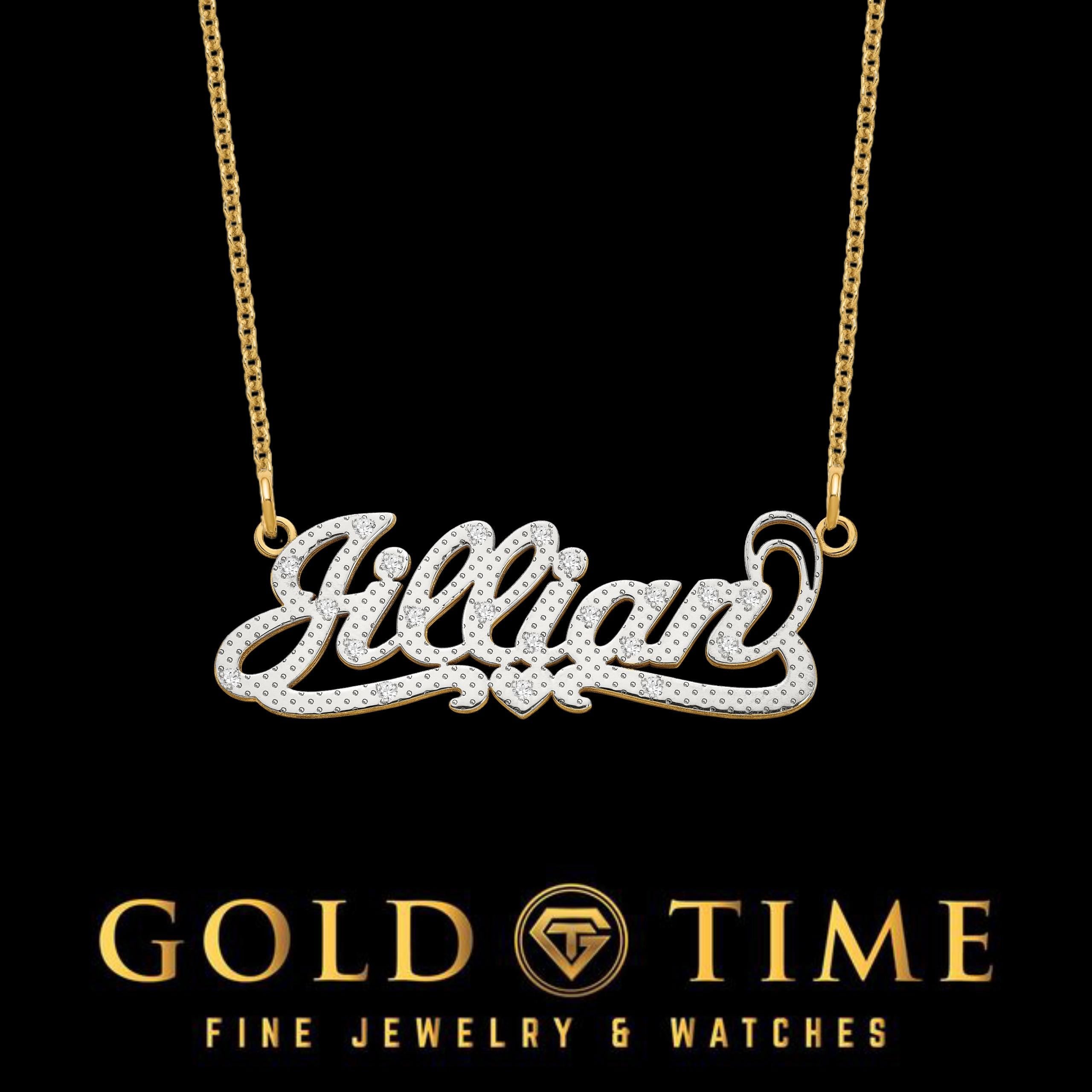 Two Tone 3D Name Necklace with Diamonds | Custom Double Layer Gold Nameplate Heart Necklace | Personalized Heart Name Jewelry Gift for Her