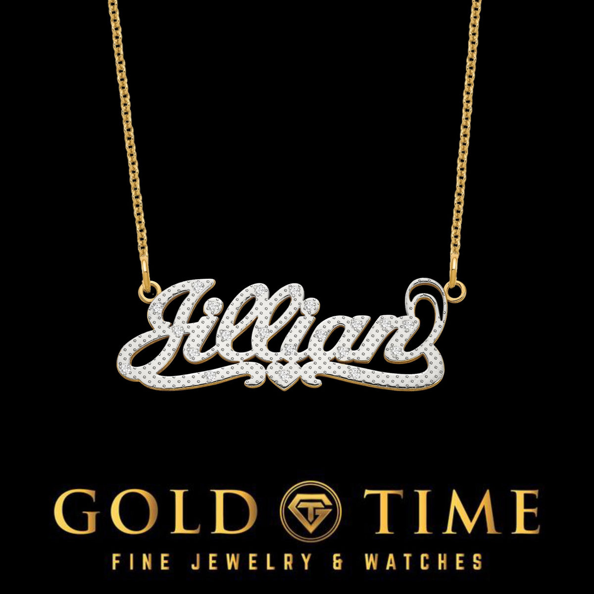 Two Tone 3D Name Necklace with Diamonds | Custom Double Layer Gold Nameplate Heart Necklace | Personalized Heart Name Jewelry Gift for Her