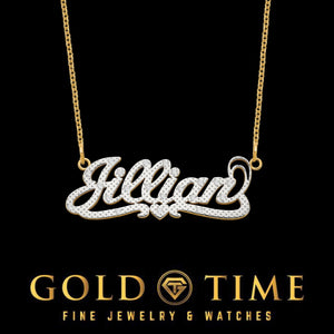 Two tone 3D name necklace reading Jillian, diamond covered white gold script over a yellow gold base, on a chain