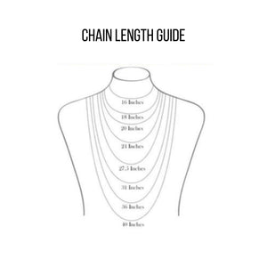 Chain length guide showing necklace lengths from 16 to 40 inches on a figure