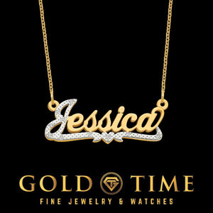 Two tone name necklace reading Jessica, yellow gold script over a diamond set white gold layer, on a gold chain