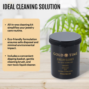 Gold Time jewelry cleaner jar next to a list of kit features: dipping basket and cleaning brush