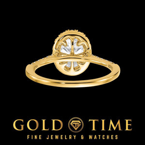 Underside of the yellow gold oval halo ring showing the prong basket