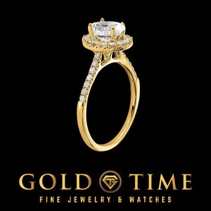 Angled view of the yellow gold oval halo ring