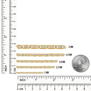 All five tri-color Valentino chain widths measured against a ruler next to a quarter for scale