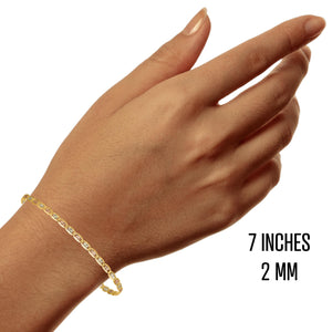7 inch 2mm 14k gold Valentino bracelet worn on a wrist