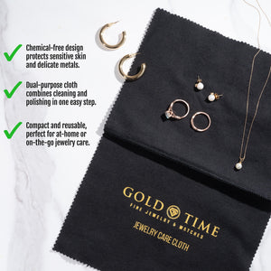 Gold Time care cloth with hoops, rings, and a necklace, listing its chemical-free, dual-purpose, reusable benefits