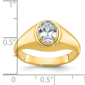 Men's yellow gold oval lab diamond ring against a half inch scale for size reference